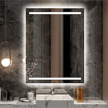 Nuun Dekor 80x60 Beyaz Ledli Kumlamalı Modern Dekoratif Ayna Banyo Ofis Lavabo Aynası - Trafolu Beyaz