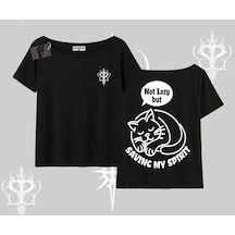 Tarzsokak Not Lazy Saving My Spirit Kedi Baskılı Kayık Yaka Tshirt Siyah