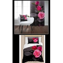 Pinkrose Çift Kişilik 4 Parça Nevresim Takımı 2 Adet Fon Perde Pembe - Siyah
