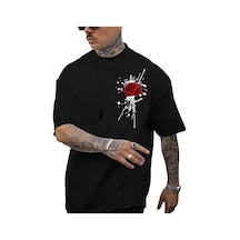 Erkek Kısa Kol Yazlık Tişört Bisiklet Yaka Gül Baskılı T-shirt - Siyah