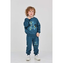 Toontoy Erkek Çocuk 2'li Takım Baskılı Bisiklet Yaka Sweatshirt & Beli Paçası Lastikli Cepli Jogger Eşofman Altı - 2 İplik Petrol Mavi