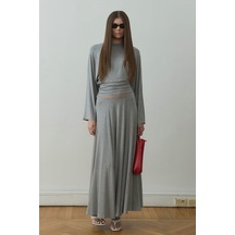 Suud Collection Gri Kate Dökümlü Uzun Etek