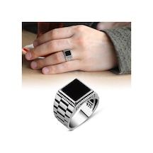 Simetrik Desenli Siyah Oniks Taşlı 925 Ayar Gümüş Erkek Yüzük (429371005)