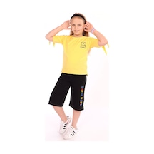 Toontoy Kids Toontoy Kız Çocuk 2'li Takım Baskılı Bisiklet Yaka T-shirt & Beli Lastikli Cepli Kapri Şort - Yırtmaç Detaylı Sarı