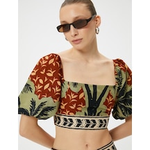 Koton Crop Bluz Kare Yaka Tropikal Baskılı Kahverengi Desenli 4sak30034ew Kahverengi