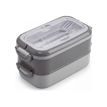 2 Katlı Yemek Taşıma Kabı - Kaşık Çatal Setli Katı Gıda İçin Çift Katlı Bento Beslenme Kutusu, Ofis Okul Piknik Kilitli Saklama Kabı Gri Çok Renkli