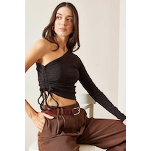 Ckm Moda Berlin Yüksek Kalite Kadın Siyah Tek Omuz Yanı Büzgülü Kaşkorse Bluz Kahve