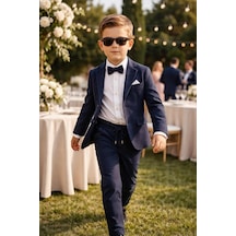 Baby Kids Colors Erkek Çocuk Flamlı Keten Salaş Ceketli Takım Elbise / Gömlek Pantolon Ceket Papyon Keten Takım Lacivert