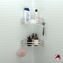 Teknotel Yapışkanlı Kancalı 2 Adet Banyo Köşe Rafı Silver St207H Gümüş