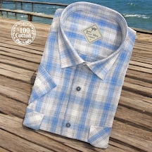 Linen Keten Klasik %100 Cotton Kısa Kollu Terletmeyen İki Cepli Kapaklı Mavi Gömlek Regular Kalıp -10170 Mavi
