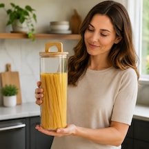 Bambu Kapaklı Yuvarlak Borosilikat Cam Kavanoz 1500 Ml, 10 25 Cm, Contalı Kulplu Şeffaf Spagetti Makarna Ve Kuru Gıda Saklama Kabı Çok Renkli