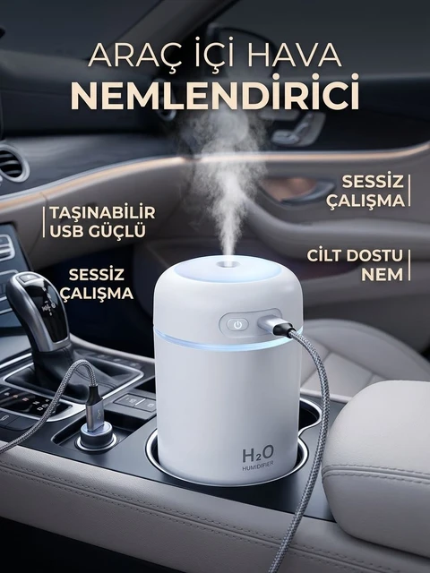Araç Içi Mini Hava Nemlendirici Led Işıklı Taşınabilir Ultrasonik Buhar Makinesi + 1 Yedek Filtre