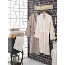 Cotton Box Nakışlı Aile Bornoz Seti - Krem Toprak