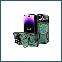Bezos İphone 16 Pro Max Uyumlu Kılıf Joy Lens Standlı Kapak - Koyu Yeşil Ob