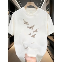 Wear Vexel Erkek Bisiklet Yaka Tişört Özgür Kuşlar Baskılı Kısa Kol T-shirt - Beyaz Çok Renkli