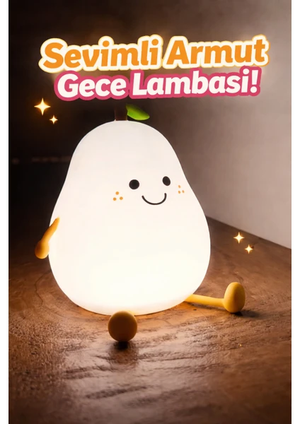 Sevimli Armut Tasarımlı Dokunmatik Led Gece Lambası Şarjlı, Yumuşak Silikon, Renk Değiştiren Çocuk & Bebek Lambası Sarı