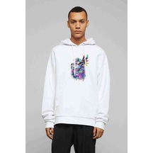 Kağıt Rengi Boyama Aslan Baskılı Beyaz Erkek Örme Sweatshirt