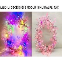Kalp Püsküllü Gece Parıltısı 3 Modlu Led39li Işıklı Taç Pembe Renk Açık Mavi