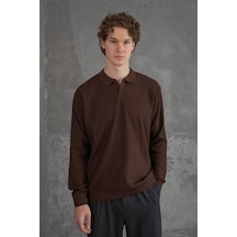 Erkek Polo Yaka Nopeli Oversize Triko Kazak Koyu Kahverengi
