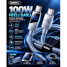 Remax Cb02-cc 100w Dijital Ekranlı Hızlı Şarj Ve Data Kablosu Type-c To Type-c 1.2 Metre Gri