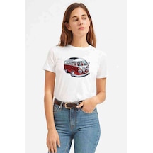 Wv Wosvos Karavan Minibüs Baskılı Beyaz Kadın Tshirt