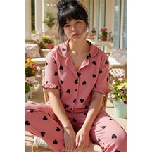 Siyah İnci Bürümcük-krınkıl Büyük Beden Düğmeli Pijama Takım26120826 Pembe