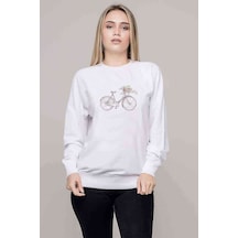 Sepeti Çiçeklerle Dolu Bisiklet Baskılı Beyaz Kadın Sweatshirt