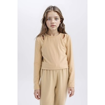 DeFacto Kız Çocuk Slim Fit Dar Kesim Bisiklet Yaka Fitilli Kaşkorse Uzun Kollu Tişört D9786A825SPBG203 Bej