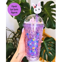 Pipetli Buz Cam Görünümlü Mor Led Işıklı 450ml Çift Katman Suluk