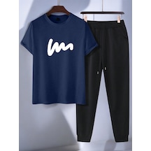 Uyguntarz Unisex W Yazı Tasarım Basklı Tshirt Eşofman Takımı Lacivert