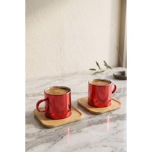 4 Parça 2 Kişilik Bambu Altlıklı Metalik Kırmızı Cam Kahve Fincan Takımı 100 Ml