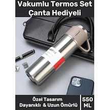 Özel Üretim Paslanmaz Çelik 3 Bardaklı Soğuk Sıcak Termos Vakumlu Termos Set Çanta Hediyeli 550 Ml