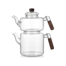 Akasya Cam Çaydanlık Takımı 1800 Ml + 950 Ml - Ahşap Kulplu Isıya Dayanıklı Borosilikat Şeffaf Çaydanlık 1
