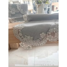 Firuze Model Gri 5 Parça Keten Dantelli Runner Seti Çeyizlik Salon Takımı