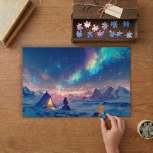 Kuzey Işıkları - Karlı Gecede Kamp Tasarımı 240 Parça Ahşap Puzzle Ahşap Kutuda Mpy60250