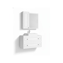 Perge 100 Cm Lavabo Dolabı Mat Beyaz Led Ayna Ve Ayna Yan Dolap Seti Taş