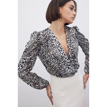 Sateen Leopar Desenli Bodysuit - Siyah-135268 Siyah