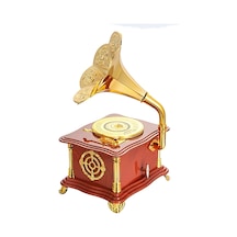 Nostaljik Mini Kahverengi Gramafon Müzik Kutusu - Mekanik Masa Aksesuarı Hediyelik Kahverengi