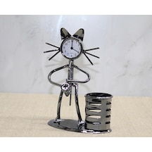 Metal Saksafon Çalan Müzisyen Kedi Saat Ve Kalemlik Renkli