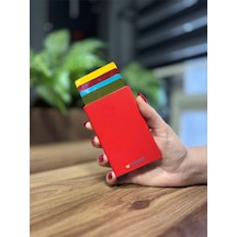 Wrapsol Mekanizmalı Kartlık Rfid Korumalı Alüminyum Otomatik Mekanizmalı Kredi Kartlık Renkli Mat Kırmızı Mat Kırmızı Mat Kırmızı