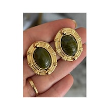 Vintage Model Gold Çerçeveli Haki Küpe Altın