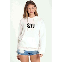 S A O Baskılı Beyaz Kadın Kapşonlu Sweatshirt