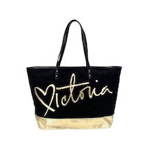 Victoria's Secret Vs Siyah Gold Kanvas Tote Seyahat Çantası Siyah