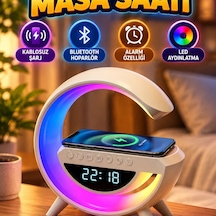Kablosuz Şarjlı Led Işıklı Masa Saati Bluetooth Hoparlör Alarm Özellikli