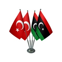 Masa Üstü'libya Bayrağı Türk Bayrağı Dörtlü Krom Direk Masa Bayra