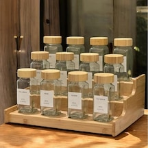 12 Li Bambu Kapaklı Kare Formlu Cam Baharatlık Seti 120 Ml / 16 Adet Etiket Hediye Açık Bej