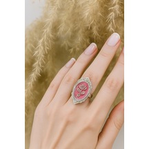 Pembe Gül Figürlü Yüzük Zarafetin Ve Romantik Güzelliğin Simgesi, Ayarlanabilir Unisex Model Gümüş - Gri