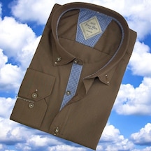 Pamuklu Uzun Kollu Kahverengi Erkek Gömlek Slim Fit Kalıp -9874 Kahverengi