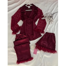 Mh Moony Homewears Kutulu 5'li Bordo Decepticion Dantel Kol Detaylı Saten Pijama İç Giyim Çeyizlik Set Bordo