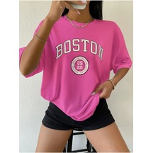 Flood Of Style Kadın Pembe Boston Baskılı Oversize Bisiklet Yaka Tshirt